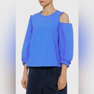 Tibi Women's Size Medium Vibrant Blue Sculpted Cotton Poplin Open Shoulder Top